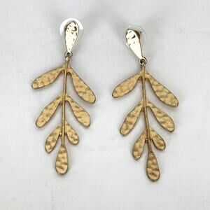 Gold Tone Dangle Leaf Earrings 2.5" post hammered metallic